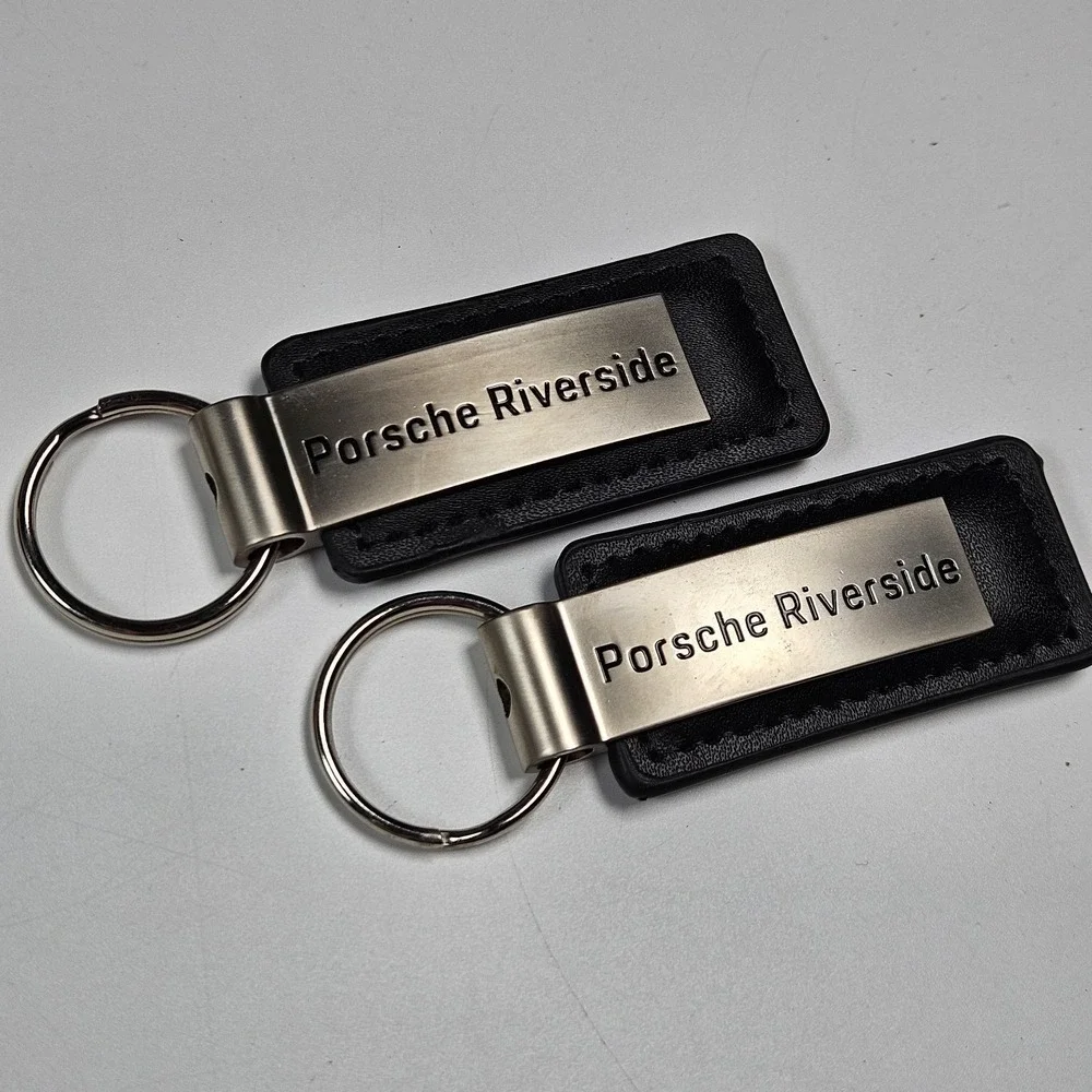 PORSCHE Riverside CA Dealership Keychain Key Ring Bundle of 2 Black Leather